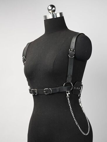 Women Adjustable Leather Harness Belt with Detachable Chain, Faux Leather Body Harness with Alloy Buckles for Gothic Punk Festival Outfit(Waist 26.8-38.2in) in Saudi Arabia