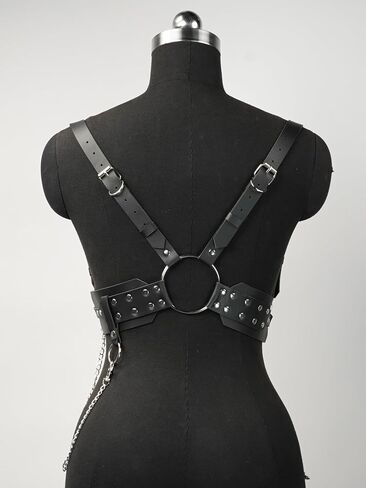 Women Adjustable Leather Harness Belt with Detachable Chain, Faux Leather Body Harness with Alloy Buckles for Gothic Punk Festival Outfit(Waist 26.8-38.2in) in Saudi Arabia