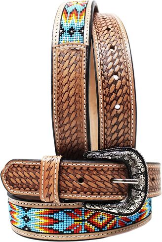 CHALLENGER Kids Child Youth 1-1/4" Wide Western Floral Tooled Purple Beaded Leather Belt 26FK43C in Kuwait