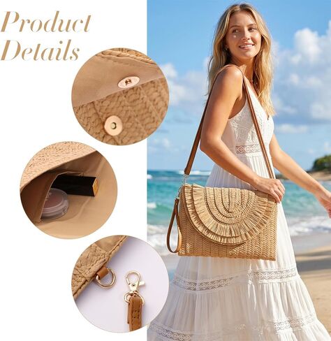 Straw Crossbody Bag for Women, 1pcs Summer Boho Handbag with Detachable Shoulder Strap Lightweight Woven Beach Purse 11.2x8.1inch Perfect for Travel Casual Outings Beach Vacation in Saudi Arabia
