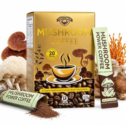 Organic Mushroom Coffee, 20 Sticks Mushroom Instant Coffee with 8 Mushroom Blend, Amino Acid & Electrolyte, Coffee Mushroom Drink for Focus, Energy, Gut Health Support in Saudi Arabia