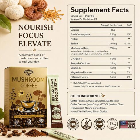 Organic Mushroom Coffee, 20 Sticks Mushroom Instant Coffee with 8 Mushroom Blend, Amino Acid & Electrolyte, Coffee Mushroom Drink for Focus, Energy, Gut Health Support in Saudi Arabia