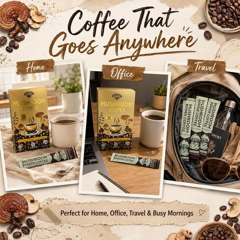 Organic Mushroom Coffee, 20 Sticks Mushroom Instant Coffee with 8 Mushroom Blend, Amino Acid & Electrolyte, Coffee Mushroom Drink for Focus, Energy, Gut Health Support in Saudi Arabia