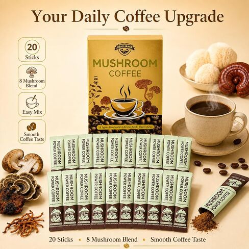 Organic Mushroom Coffee, 20 Sticks Mushroom Instant Coffee with 8 Mushroom Blend, Amino Acid & Electrolyte, Coffee Mushroom Drink for Focus, Energy, Gut Health Support in Saudi Arabia