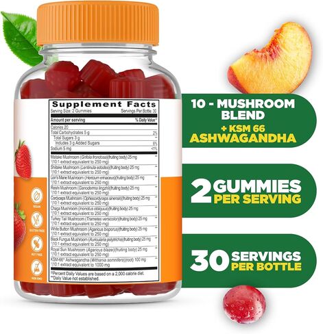 Lifeable Mushroom Gummies for Adults | 10 Mushroom Complex Blend with Ashwagandha KSM-66 | Vegan Kosher Non-GMO Mushroom Supplement Extract | Great Tasting Focus & Energy Support | 60 Gummies in Kuwait