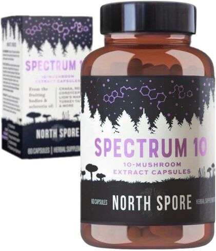 North Spore Organic 'Spectrum 10' High Potency Mushroom Capsules | Cognitive Supplement | Lion's Mane, Chaga, Cordyceps, Reishi, Turkey Tail | 10 Medicinal Mushrooms | Energy, Focus, Clarity - 60ct in Saudi Arabia