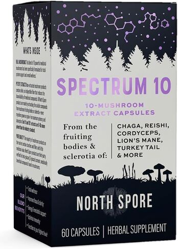 North Spore Organic 'Spectrum 10' High Potency Mushroom Capsules | Cognitive Supplement | Lion's Mane, Chaga, Cordyceps, Reishi, Turkey Tail | 10 Medicinal Mushrooms | Energy, Focus, Clarity - 60ct in Saudi Arabia