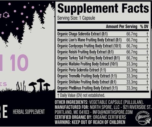 North Spore Organic 'Spectrum 10' High Potency Mushroom Capsules | Cognitive Supplement | Lion's Mane, Chaga, Cordyceps, Reishi, Turkey Tail | 10 Medicinal Mushrooms | Energy, Focus, Clarity - 60ct in Saudi Arabia