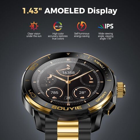 ساعة ذكية SOUYIE SW-7 Lux للرجال، إطار من السيراميك عالي اللمعان وفولاذ ثنائي اللون، شاشة AMOLED مقاس 1.43 بوصة، مساعد صوت AI GPT، مكالمات بلوتوث، مراقب الصحة، أكثر من 100 وضع رياضي، متوافق مع iOS Android in Kuwait