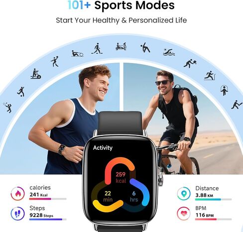 Smart Watch for Women and Men, 1.85" HD Fitness Trackers Compatible with iPhone/Android/Samsung (Answer/Make Calls), Heart Rate/Sleep/SpO2 Monitor, 101+ Sports Modes, IP68 Waterproof, 2 Bands, Black in Saudi Arabia