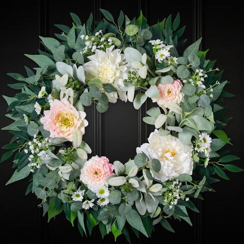 Spring Summer Wreath for Front Door, 22" Artificial Silk Peony Eucalyptus Floral Wreaths for Indoor Outdoor, Farmhouse Greenery Home Decor for Holiday Housewarming in Saudi Arabia