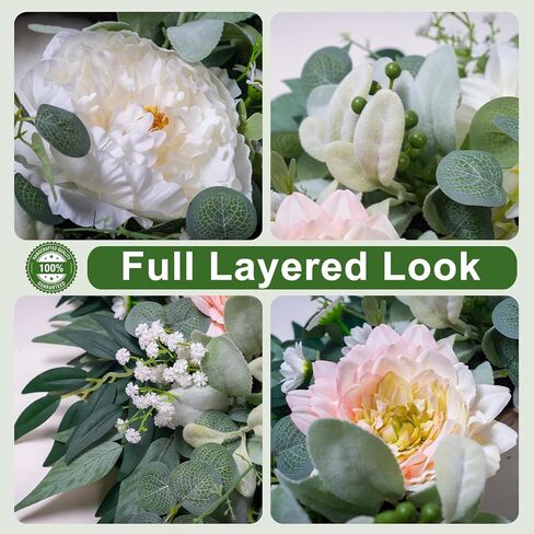 Spring Summer Wreath for Front Door, 22" Artificial Silk Peony Eucalyptus Floral Wreaths for Indoor Outdoor, Farmhouse Greenery Home Decor for Holiday Housewarming in Saudi Arabia