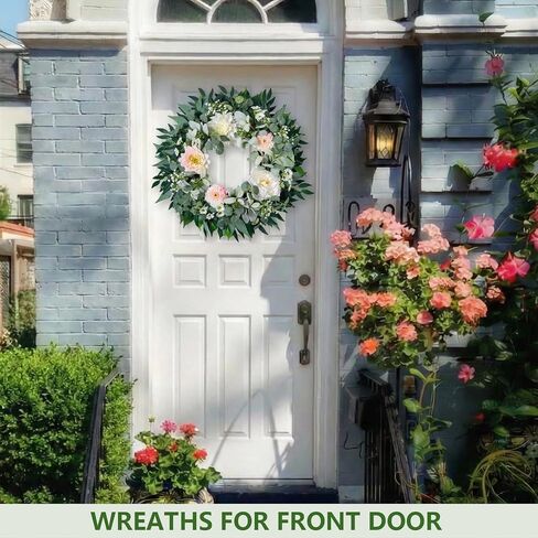 Spring Summer Wreath for Front Door, 22" Artificial Silk Peony Eucalyptus Floral Wreaths for Indoor Outdoor, Farmhouse Greenery Home Decor for Holiday Housewarming in Saudi Arabia