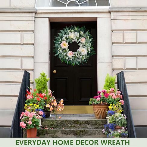 Spring Summer Wreath for Front Door, 22" Artificial Silk Peony Eucalyptus Floral Wreaths for Indoor Outdoor, Farmhouse Greenery Home Decor for Holiday Housewarming in Saudi Arabia
