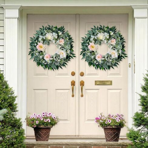 Spring Summer Wreath for Front Door, 22" Artificial Silk Peony Eucalyptus Floral Wreaths for Indoor Outdoor, Farmhouse Greenery Home Decor for Holiday Housewarming in Saudi Arabia