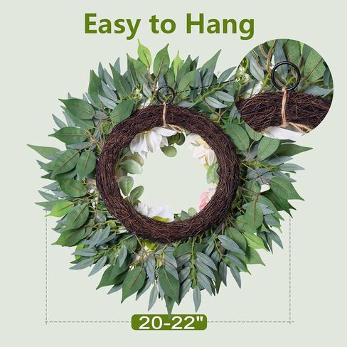 Spring Summer Wreath for Front Door, 22" Artificial Silk Peony Eucalyptus Floral Wreaths for Indoor Outdoor, Farmhouse Greenery Home Decor for Holiday Housewarming in Saudi Arabia