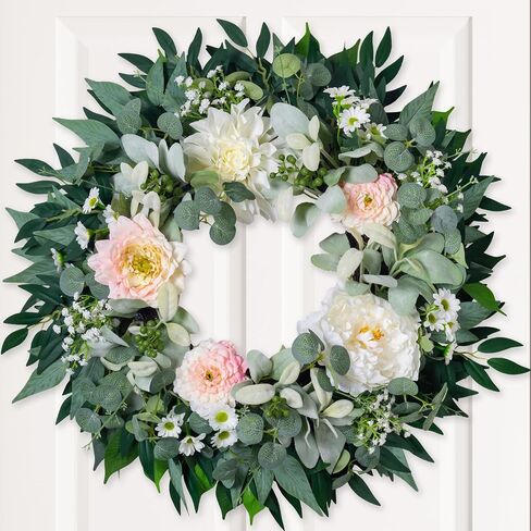 Spring Summer Wreath for Front Door, 22" Artificial Silk Peony Eucalyptus Floral Wreaths for Indoor Outdoor, Farmhouse Greenery Home Decor for Holiday Housewarming in Saudi Arabia
