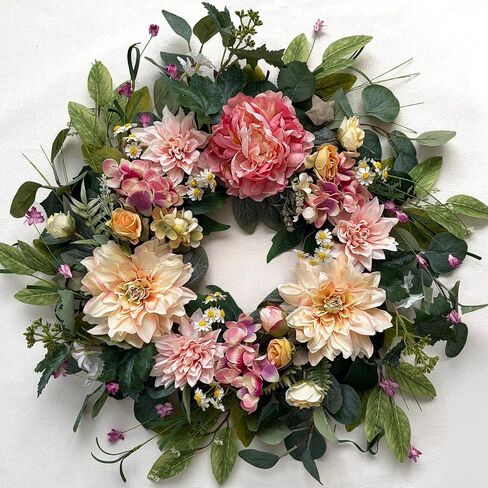 Spring Summer Wreaths for Front Door 18 Inch, Artificial Dahlia Floral Wreath with Dahlia Peony and Daisy, Large Door Wreath for All Seasons Outside Indoor Home Porch Wall Décor in Saudi Arabia