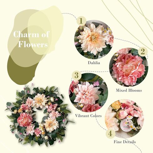 Spring Summer Wreaths for Front Door 18 Inch, Artificial Dahlia Floral Wreath with Dahlia Peony and Daisy, Large Door Wreath for All Seasons Outside Indoor Home Porch Wall Décor in Saudi Arabia