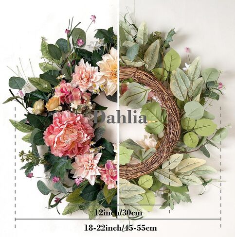Spring Summer Wreaths for Front Door 18 Inch, Artificial Dahlia Floral Wreath with Dahlia Peony and Daisy, Large Door Wreath for All Seasons Outside Indoor Home Porch Wall Décor in Saudi Arabia