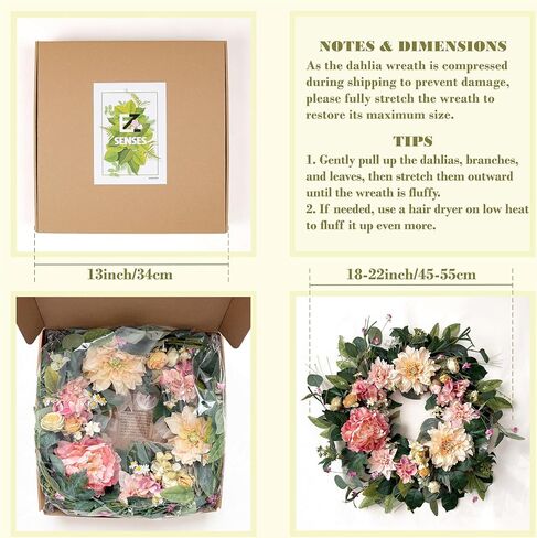 Spring Summer Wreaths for Front Door 18 Inch, Artificial Dahlia Floral Wreath with Dahlia Peony and Daisy, Large Door Wreath for All Seasons Outside Indoor Home Porch Wall Décor in Saudi Arabia