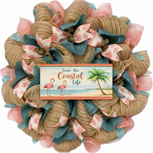 Beach Wreath, Luxury Handmade – Livin' The Coastal Life Flamingos Front Door Decor, 24 or 28 Inch in Kuwait