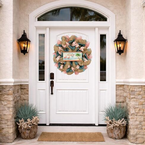 Beach Wreath, Luxury Handmade – Livin' The Coastal Life Flamingos Front Door Decor, 24 or 28 Inch in Kuwait
