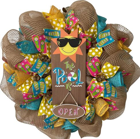 Pool is Open Burlap Deco Mesh Summer Wreath with Flip Flop Ribbons Available in 24 inch and 28 inch diameters in Kuwait