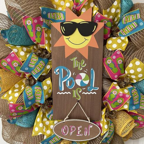 Pool is Open Burlap Deco Mesh Summer Wreath with Flip Flop Ribbons Available in 24 inch and 28 inch diameters in Kuwait
