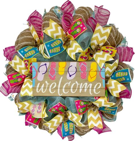 Flip Flop Welcome Summer Wreath Handmade Deco Mesh Available in 24 inch and 28 inch diameters in Kuwait