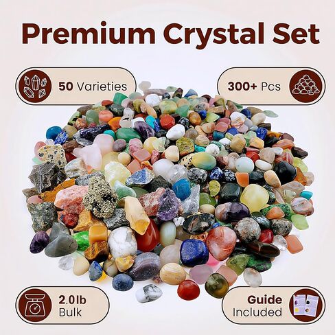 2lb 300+ Pcs 50Kinds Rocks and Minerals Set,Crystals and Gemstones Including Raw Crystals Tumbled Stones,Crystal Crushed Stones for Energy Chakra,Rocks Collections in Kuwait
