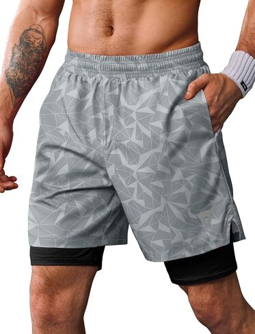 شورت رياضي رجالي مقاس 7 بوصات مع بطانة مضغوطة سريع الجفاف برباط خصر 2 في 1 مع جيوب (S-XXL) in Kuwait