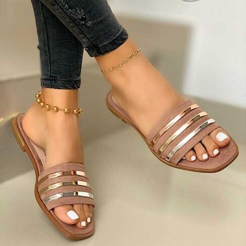 Women's Flat Slide Sandals Comfortable Strappy Sandals with Metal Trim for Casual Wear in Kuwait