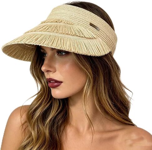 Women's Straw Visor Hat, Wide Brim Fringe Sun Visor, Foldable UV Protection Empty Top Beach Hat for Summer Travel Vacation in Saudi Arabia
