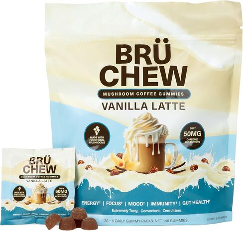 BrüChew Mushroom Coffee Chewables | Lion's Mane, Cordyceps, Reishi & Turkey Tail with 50mg Clean Caffeine | Energy, Focus & Immune Support | Vegan, Dairy-Free, Gluten-Free | 28 Packets (Vanilla) in Saudi Arabia