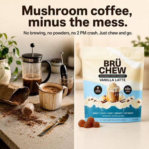 BrüChew Mushroom Coffee Chewables | Lion's Mane, Cordyceps, Reishi & Turkey Tail with 50mg Clean Caffeine | Energy, Focus & Immune Support | Vegan, Dairy-Free, Gluten-Free | 28 Packets (Vanilla) in Saudi Arabia