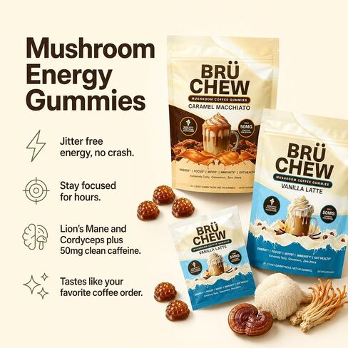 BrüChew Mushroom Coffee Chewables | Lion's Mane, Cordyceps, Reishi & Turkey Tail with 50mg Clean Caffeine | Energy, Focus & Immune Support | Vegan, Dairy-Free, Gluten-Free | 28 Packets (Vanilla) in Saudi Arabia