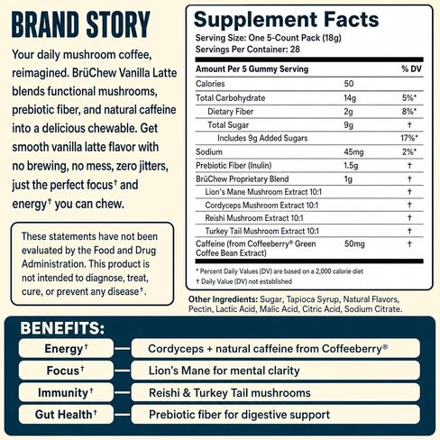 BrüChew Mushroom Coffee Chewables | Lion's Mane, Cordyceps, Reishi & Turkey Tail with 50mg Clean Caffeine | Energy, Focus & Immune Support | Vegan, Dairy-Free, Gluten-Free | 28 Packets (Vanilla) in Saudi Arabia