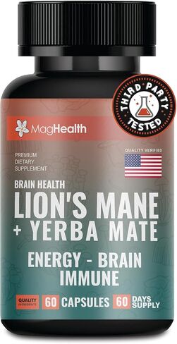 Lion's Mane & Yerba Mate Capsules 4-in-1 Nootropic Supplement | Organic Lion’s Mane Mushroom for Focus, Clean Energy (75mg Caffeine) + Ashwagandha & Black Pepper | 60 Day Supply in Saudi Arabia
