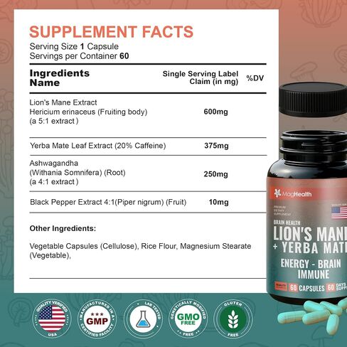 Lion's Mane & Yerba Mate Capsules 4-in-1 Nootropic Supplement | Organic Lion’s Mane Mushroom for Focus, Clean Energy (75mg Caffeine) + Ashwagandha & Black Pepper | 60 Day Supply in Saudi Arabia