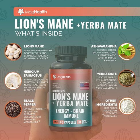 Lion's Mane & Yerba Mate Capsules 4-in-1 Nootropic Supplement | Organic Lion’s Mane Mushroom for Focus, Clean Energy (75mg Caffeine) + Ashwagandha & Black Pepper | 60 Day Supply in Saudi Arabia