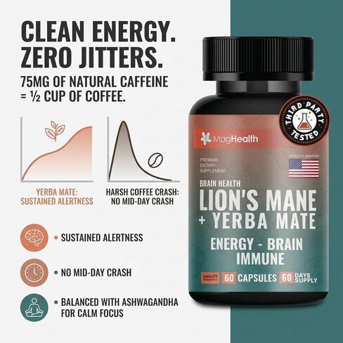 Lion's Mane & Yerba Mate Capsules 4-in-1 Nootropic Supplement | Organic Lion’s Mane Mushroom for Focus, Clean Energy (75mg Caffeine) + Ashwagandha & Black Pepper | 60 Day Supply in Saudi Arabia