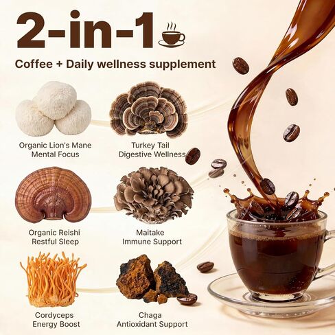 Mushroom Coffee Instant | with Organic Lions Mane & Reishi for Energy, Focus, Immunity & Digestion | Sugar Free, Low Caffeine, Coffee Alternative, NO Earthy taste, NO Jitters, 30 Single Serve Packets in Kuwait