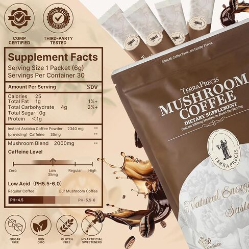 Mushroom Coffee Instant | with Organic Lions Mane & Reishi for Energy, Focus, Immunity & Digestion | Sugar Free, Low Caffeine, Coffee Alternative, NO Earthy taste, NO Jitters, 30 Single Serve Packets in Kuwait