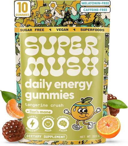 SuperMush Daily Energy Mushroom Gummies - Organic Lion’s Mane & Cordyceps Mushroom for Energy, Focus, Stress Reduction - Vegan, Sugar Free Nootropic Gummies - Functional Mushroom Supplement (10 Count) in Saudi Arabia