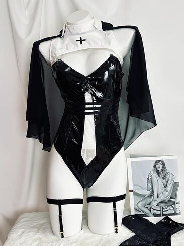 Sexy Open-Crotch Nun Lingerie Set, Faux Leather Cosplay Outfit with Veil, Gloves (2 Pairs), Bodysuit, Leg Rings (2 Pieces), and Top, One Size Fits US S-M, Please Refer to Size Chart in Kuwait