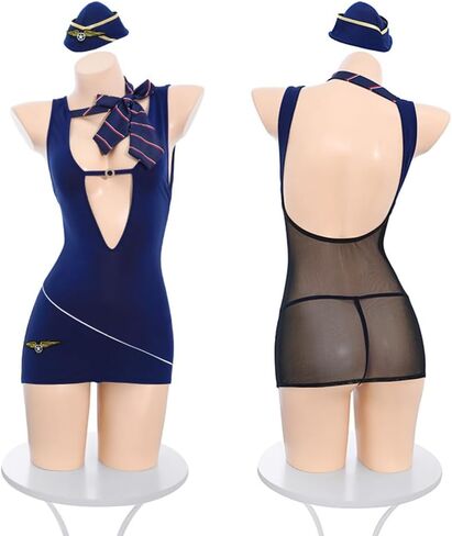 sexy flight attendant cosplay lingerie for women outfit dress airline stewardess Lady Skirt Anime Roleplay costume OL Uniform Cute Suits Bodysuit scarf hat blue in Kuwait