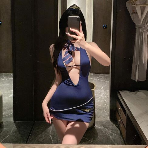 sexy flight attendant cosplay lingerie for women outfit dress airline stewardess Lady Skirt Anime Roleplay costume OL Uniform Cute Suits Bodysuit scarf hat blue in Kuwait