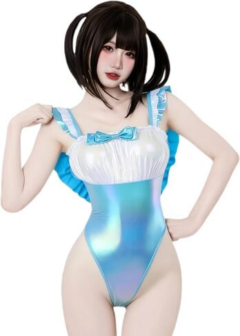 Sexy Laser-Cut Backless Swimsuit with Bow Tie – Maid Costume in Blue, No Padding – One-Size Fits Up to S-M, Adjustable Back Tie for Photoshoots in Kuwait