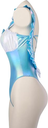 Sexy Laser-Cut Backless Swimsuit with Bow Tie – Maid Costume in Blue, No Padding – One-Size Fits Up to S-M, Adjustable Back Tie for Photoshoots in Kuwait